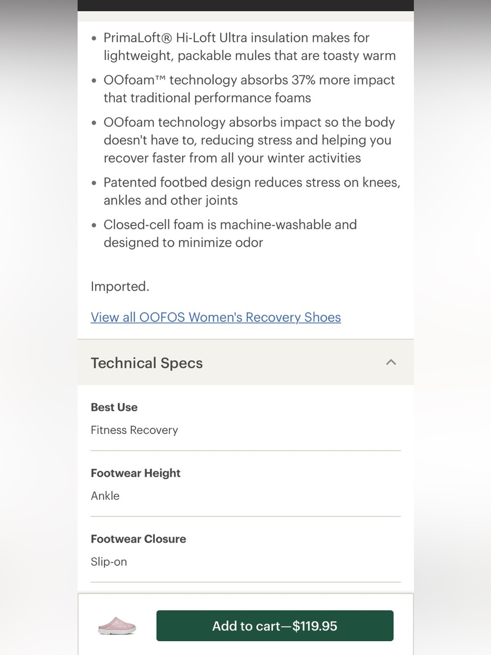 Oofos OOcoozie Thermo Mule Pink Quilted Shoe Recovery Technology Cozy Size W 7 - Picture 16 of 16